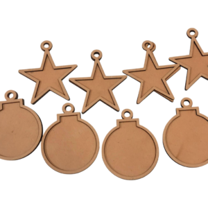 4 Inch MDF Star & Ball Hanging Cutouts – 5 Pcs Each (Total 10 Pcs) | DIY Craft Ornaments