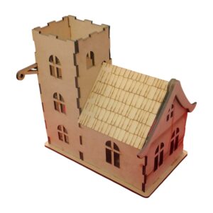 Vintage Wooden Castle Pen Stand – 3D Miniature House Desk Organizer & Office Decor