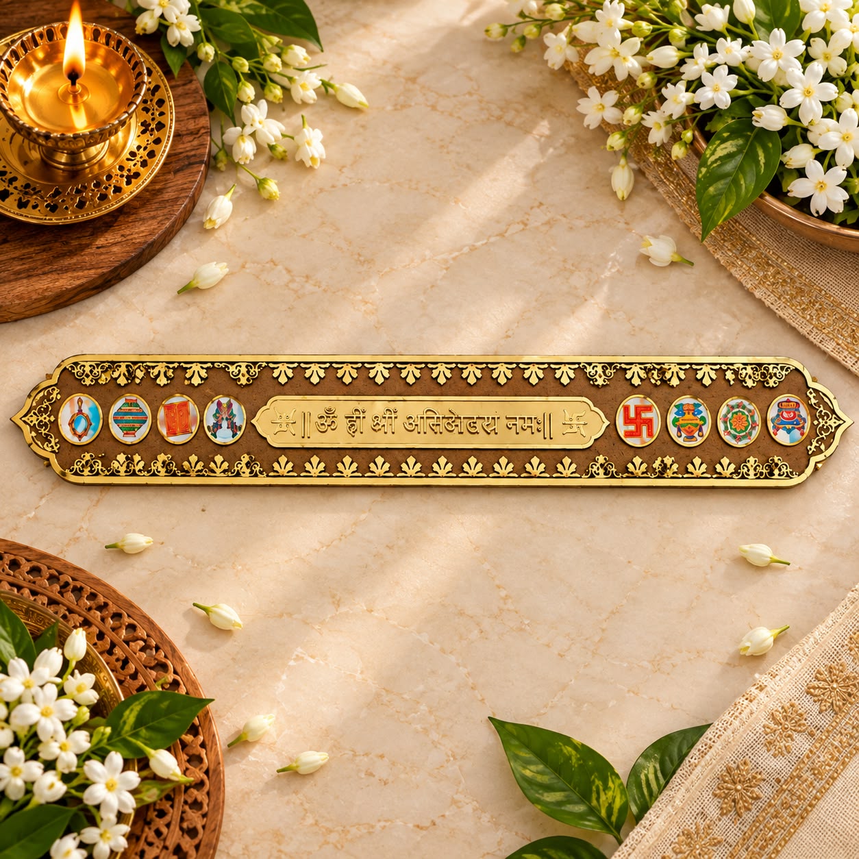 Jain Navkar Mantra MDF Toran with Golden Acrylic Work