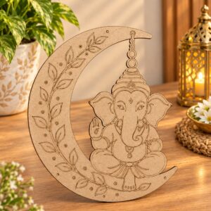 MDF Lord Ganesha Moon Shape Decorative Cutout | Laser-Cut Ganpati Home Decor